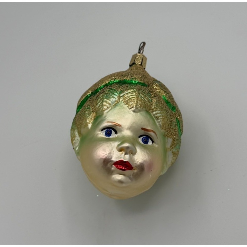 Christopher Radko Glass Ornament Child Face Gold Glitter Vintage Christmas 4"